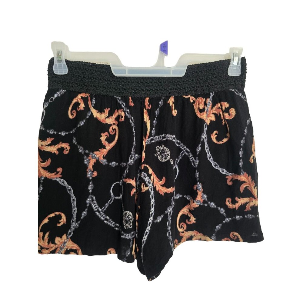 Knitted‎ Dove Black & Orange Floral Print Womens Shorts Medium Size 100% Rayon
